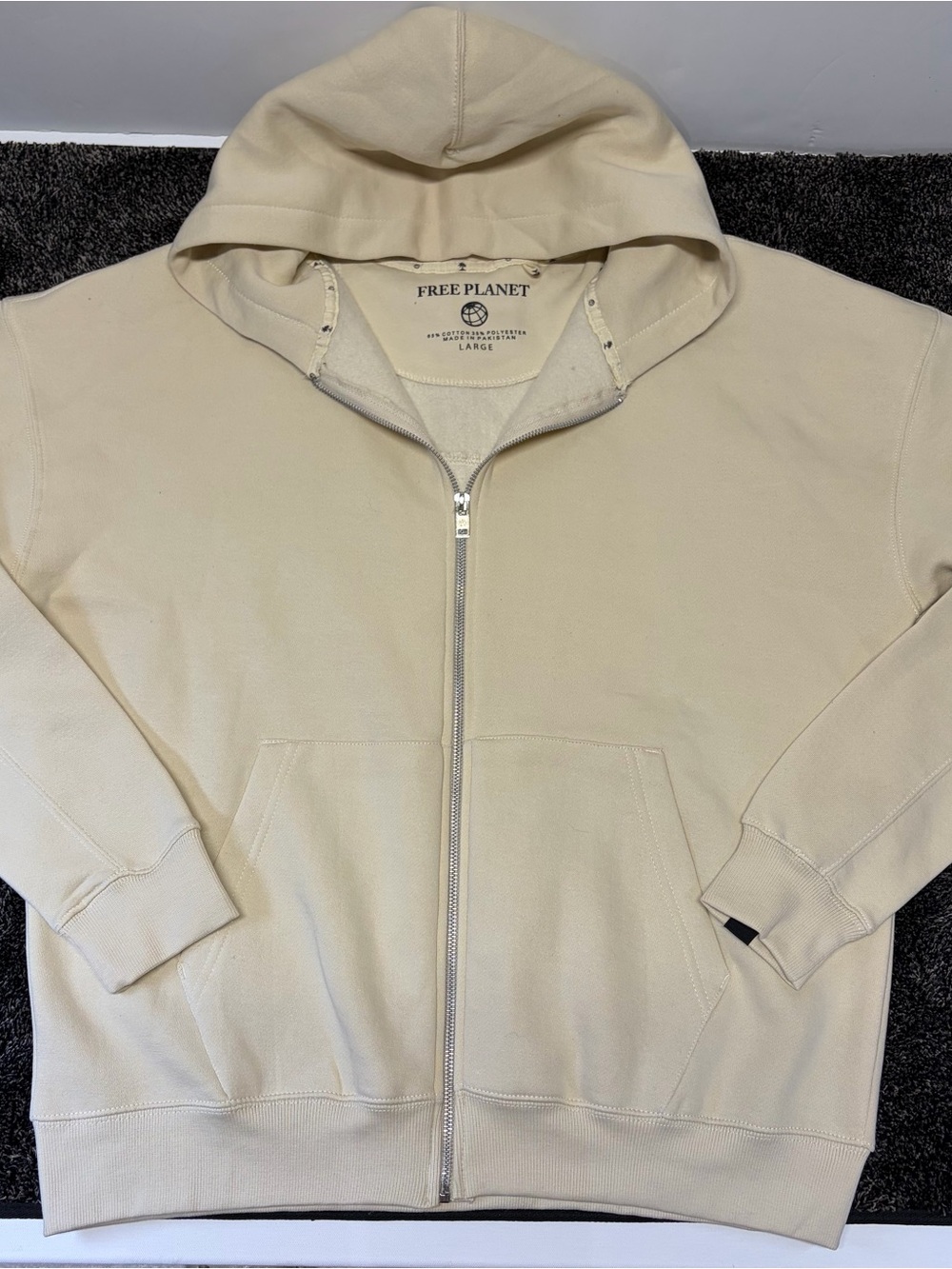 FREE PLANET MENS CREAM FULL ZIP FLEECE HOODIE SIZE LARGE